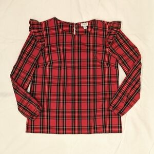 J. Crew Plaid Ruffle Elastic Sleeve Blouse, Size XS